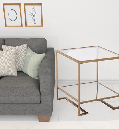 24" Gold Glass And Iron Square Mirrored End Table With Shelf