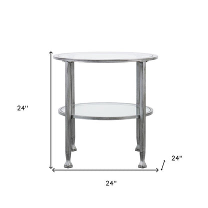 24" Clear And Silver Distressed Glass And Iron Round End Table With Shelf