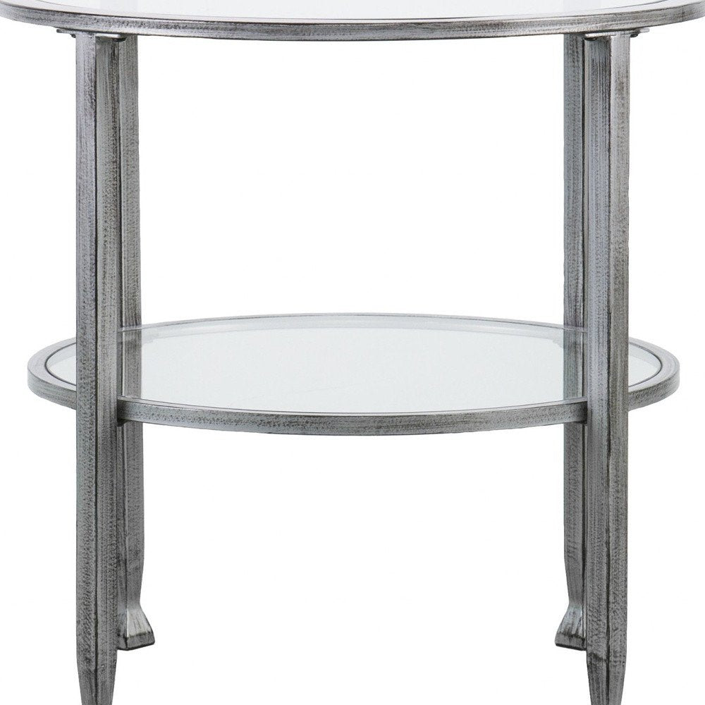 24" Clear And Silver Distressed Glass And Iron Round End Table With Shelf
