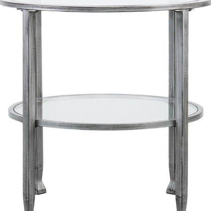 24" Silver And Clear Glass And Distressed Iron Round End Table With Shelf