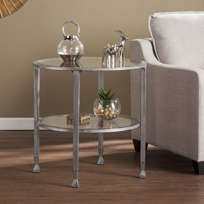 24" Clear And Silver Distressed Glass And Iron Round End Table With Shelf