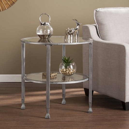 24" Silver And Clear Glass And Distressed Iron Round End Table With Shelf