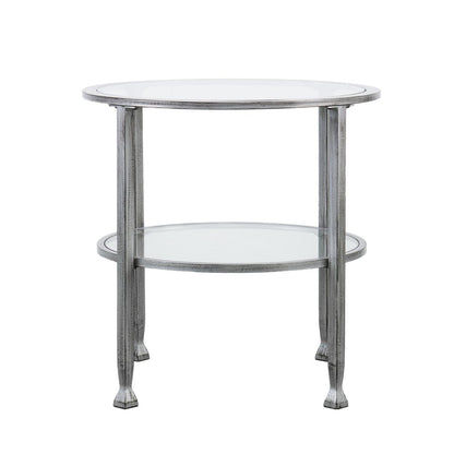 24" Clear And Silver Distressed Glass And Iron Round End Table With Shelf