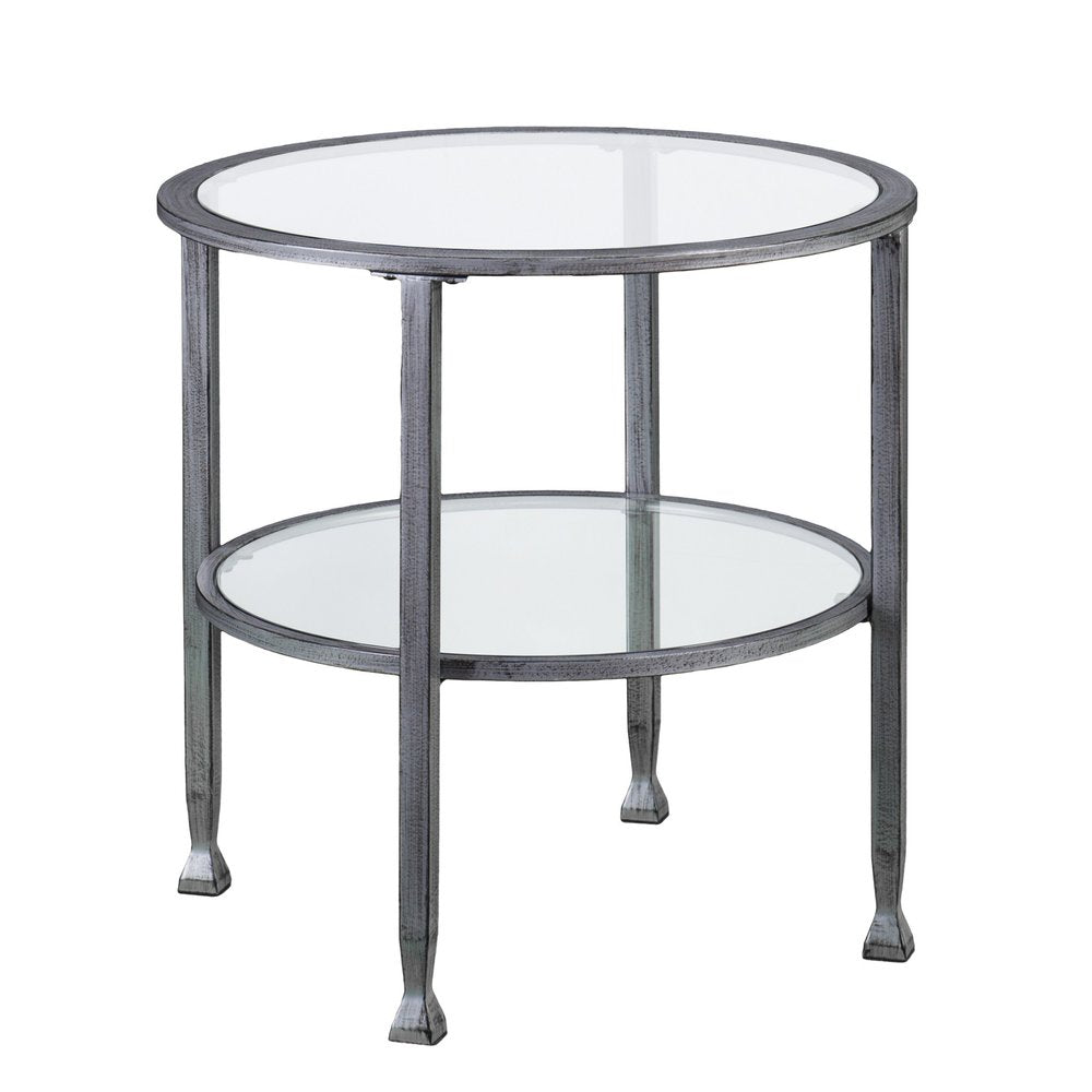24" Clear And Silver Distressed Glass And Iron Round End Table With Shelf