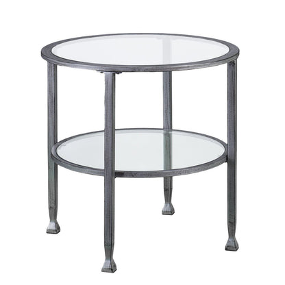 24" Silver And Clear Glass And Distressed Iron Round End Table With Shelf