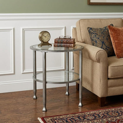 24" Clear And Silver Distressed Glass And Iron Round End Table With Shelf