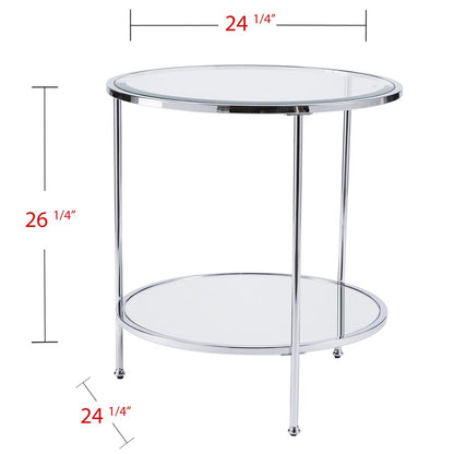 26" Chrome Glass And Iron Round Mirrored End Table With Shelf
