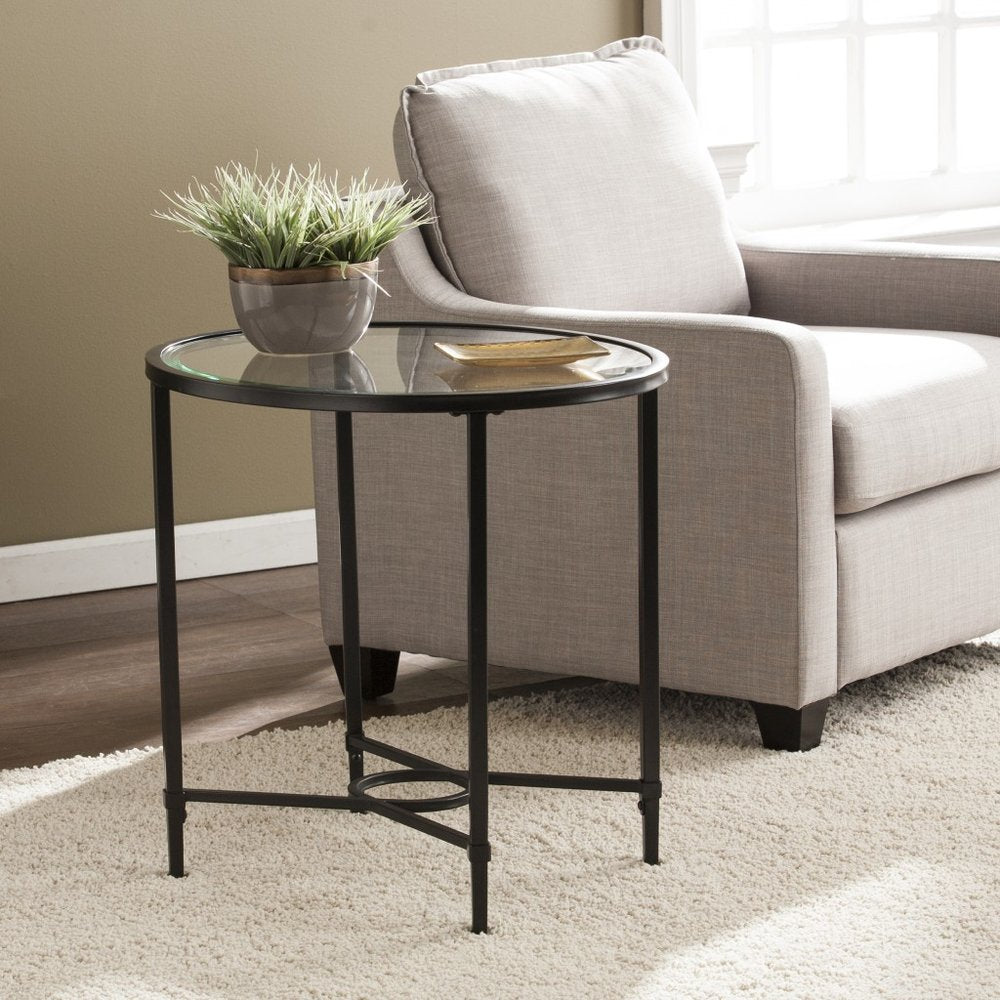 25" Black And Clear Glass Oval End Table