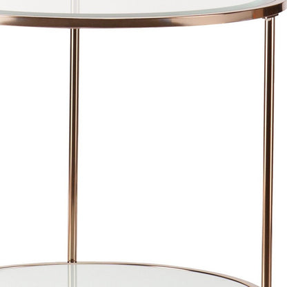26" Gold Glass And Iron Round End Table With Shelf