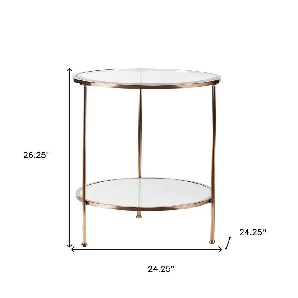 26" Gold Glass And Iron Round End Table With Shelf