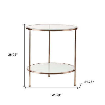 26" Gold Glass And Iron Round End Table With Shelf