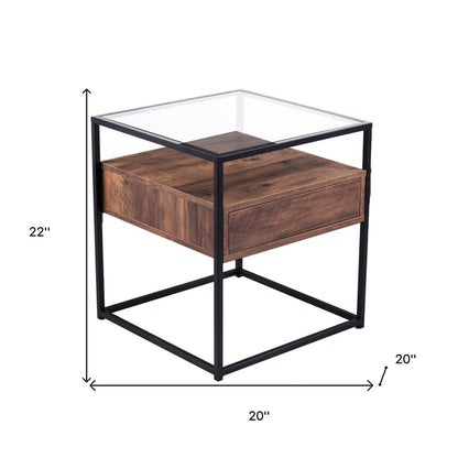 22" Black Glass And Iron Square End Table With Drawer With Shelf