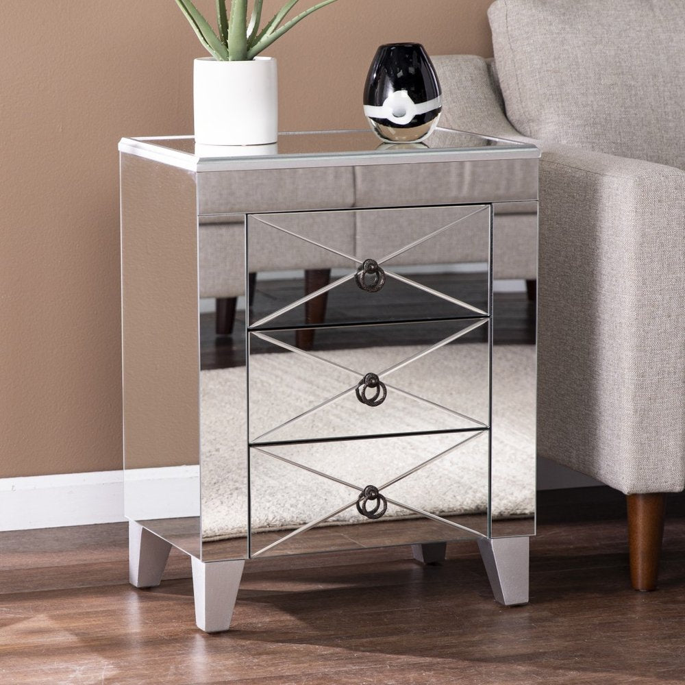 26" Silver Wood And Iron End Table With Three Drawers