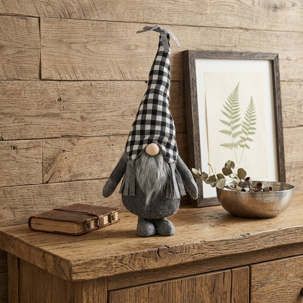27" Black and White Buffalo Plaid Standing Gnome