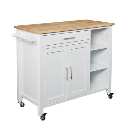 42" Natural and White Butcher Block and Iron Rolling Kitchen Cart With Storage