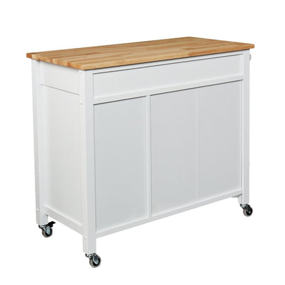 42" Natural and White Butcher Block and Iron Rolling Kitchen Cart With Storage
