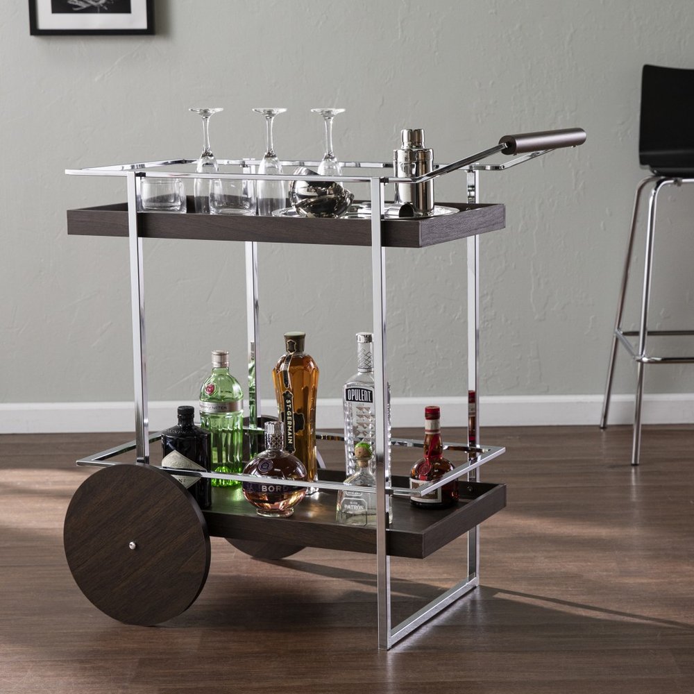 34" Brown And Silver Iron and Wood Rolling Bar Cart