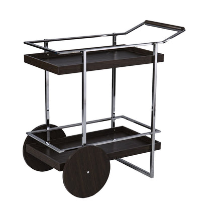 34" Brown And Silver Iron and Wood Rolling Bar Cart