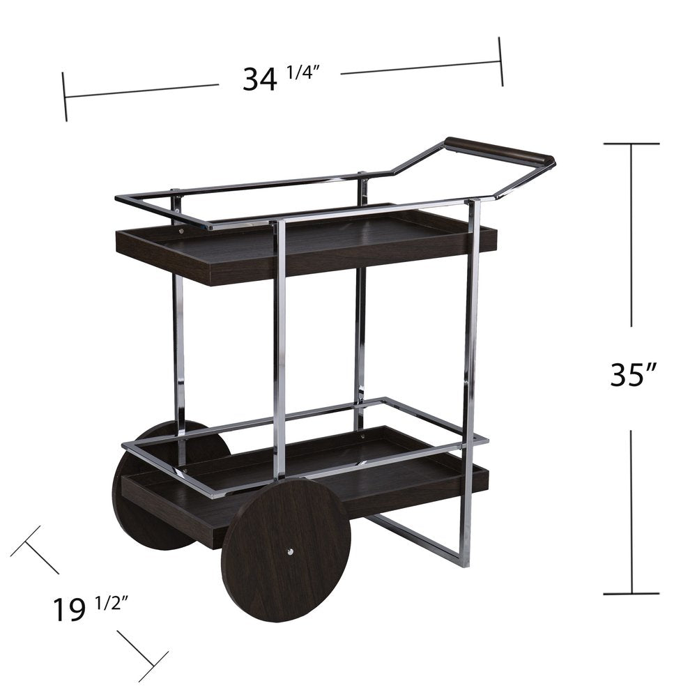 34" Brown And Silver Iron and Wood Rolling Bar Cart