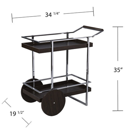 34" Brown And Silver Iron and Wood Rolling Bar Cart