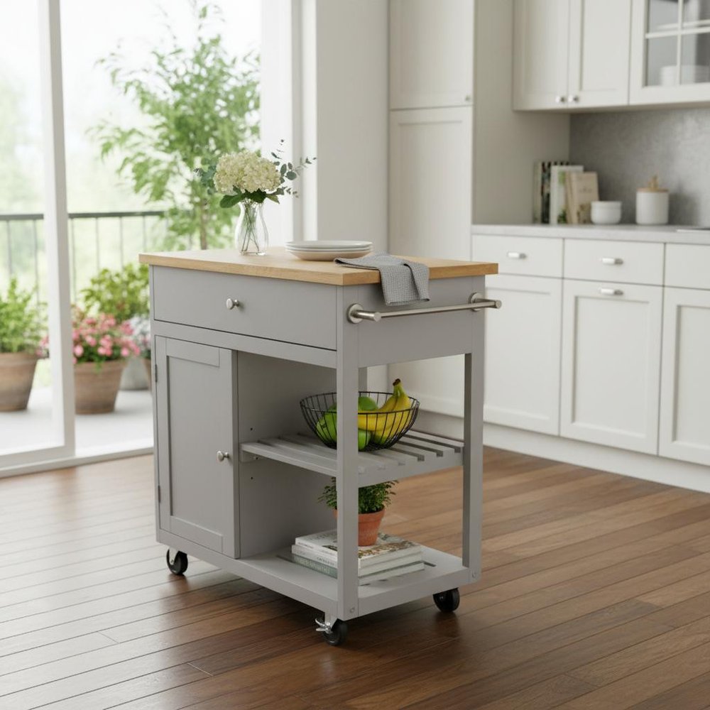 Gray and Natural 35" Rolling Kitchen Island With Storage
