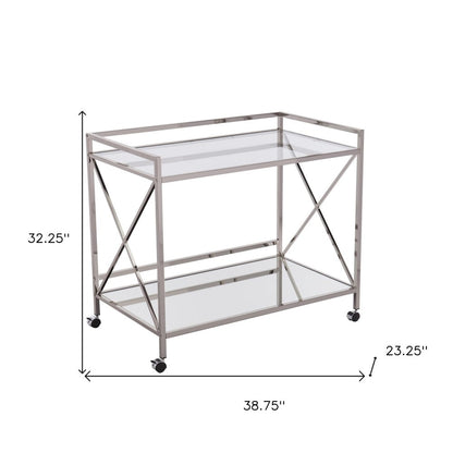 39" Silver Metal and Glass Rolling Bar Cart