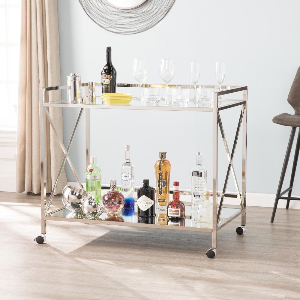 39" Silver Metal and Glass Rolling Bar Cart