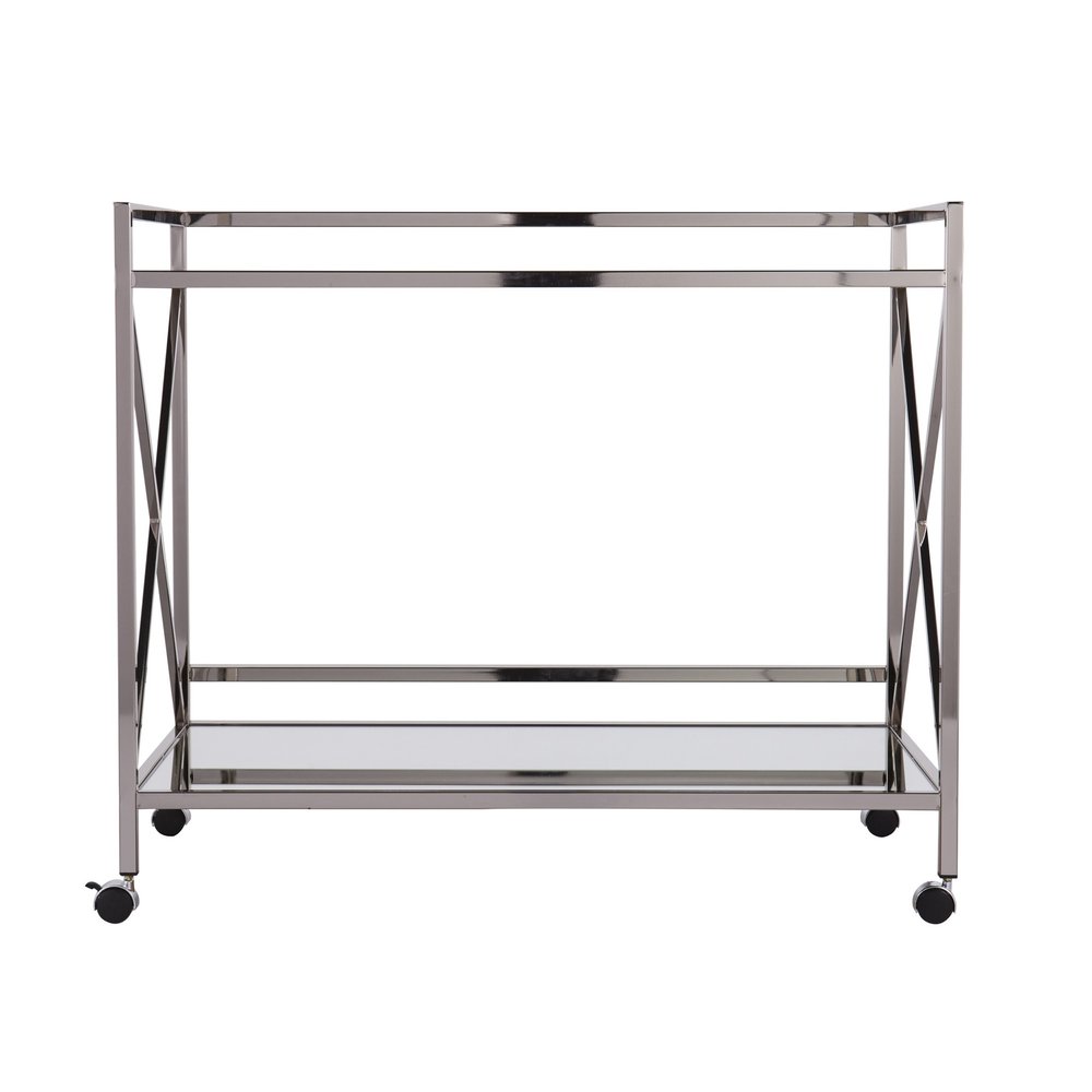 39" Silver Metal and Glass Rolling Bar Cart