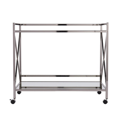 39" Silver Metal and Glass Rolling Bar Cart