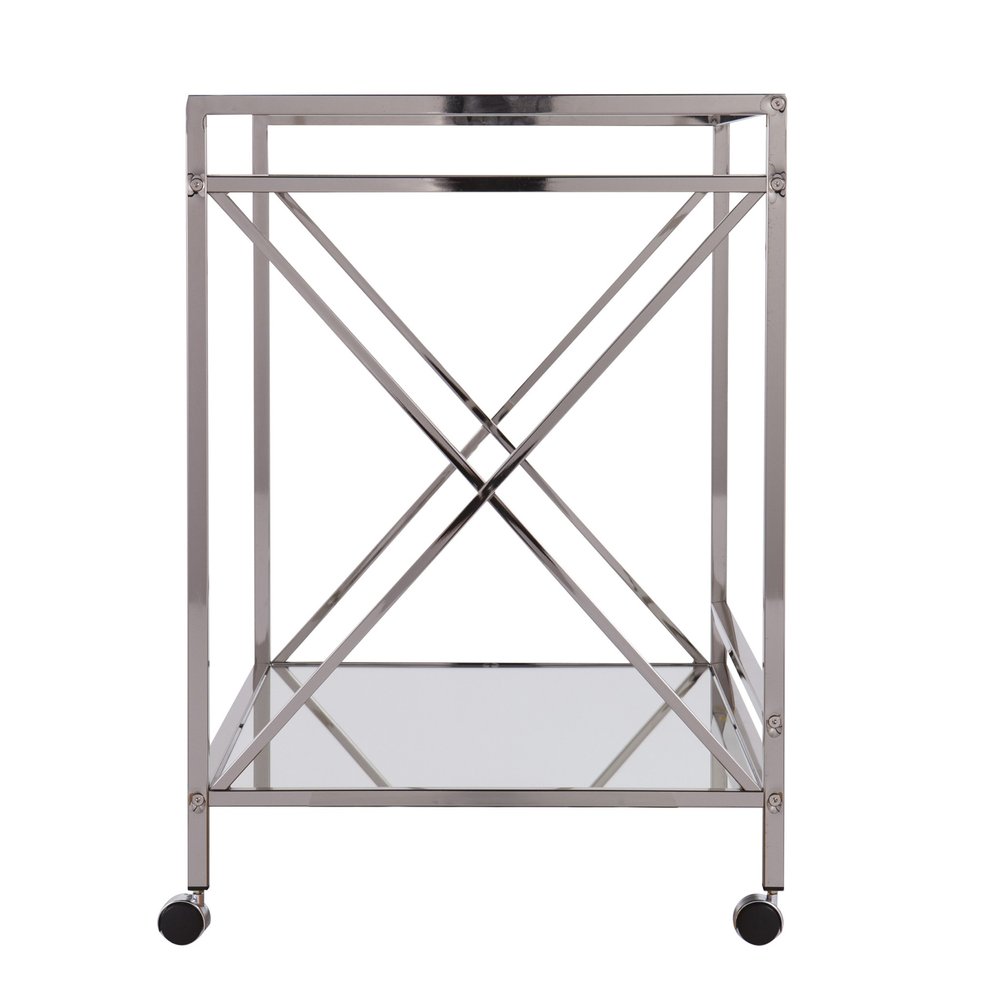 39" Silver Metal and Glass Rolling Bar Cart