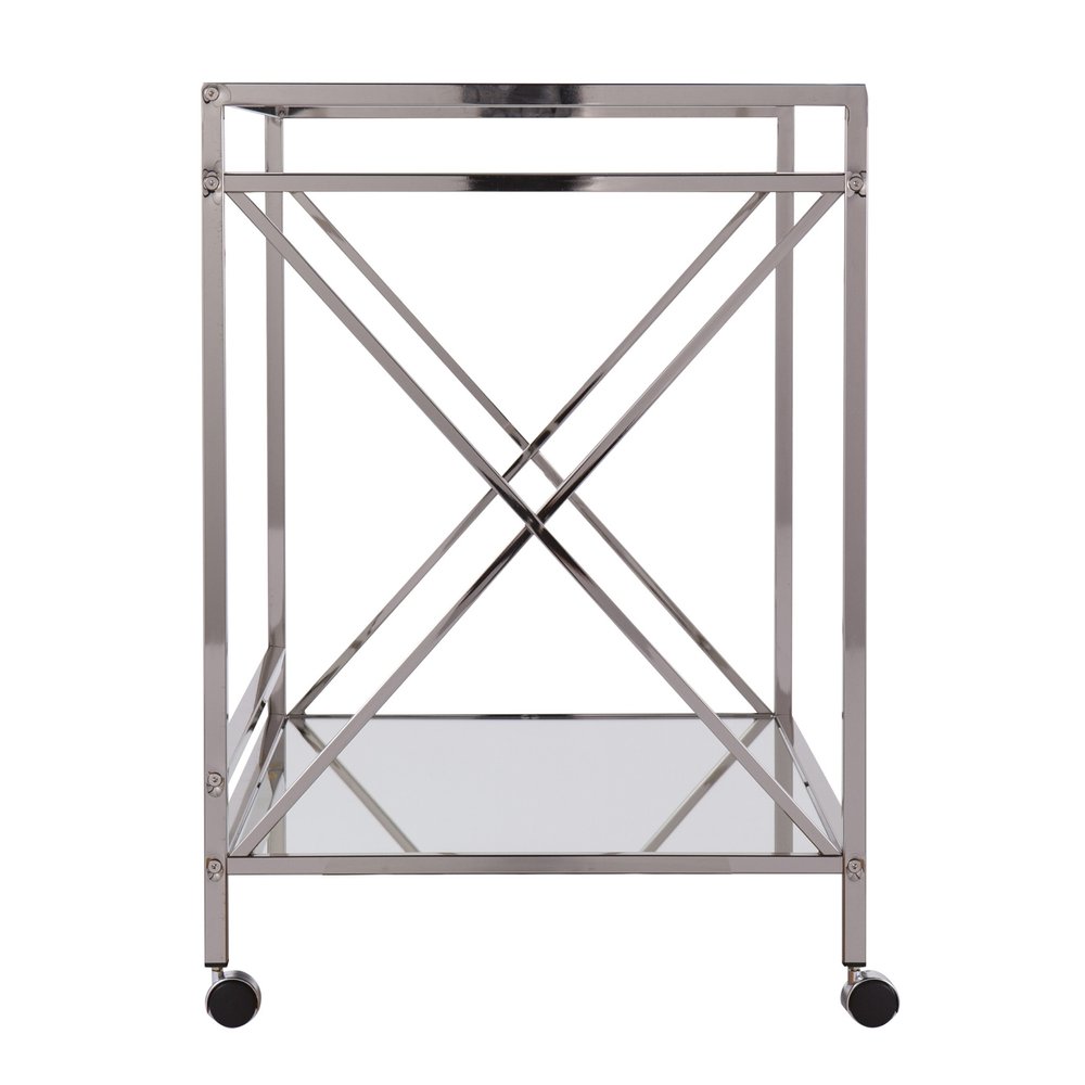 39" Silver Metal and Glass Rolling Bar Cart