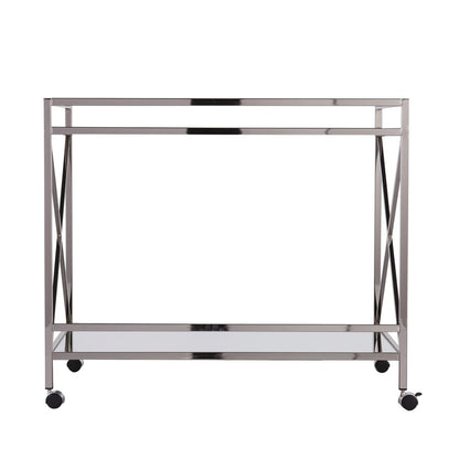 39" Silver Metal and Glass Rolling Bar Cart