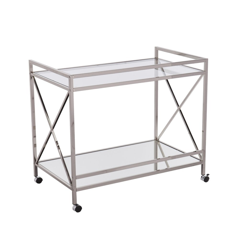 39" Silver Metal and Glass Rolling Bar Cart