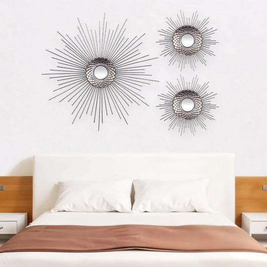 Set of Three Silver Metal Sunburst Round Wall Mirrors