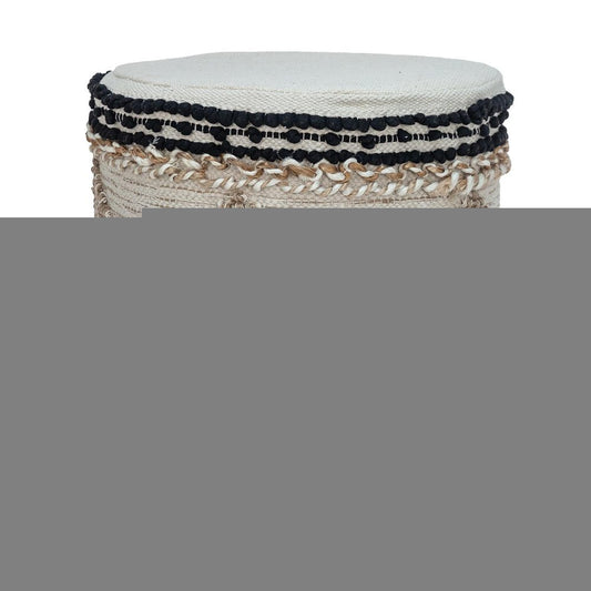 18" Beige and Brown Cotton Abstract Round Footstool