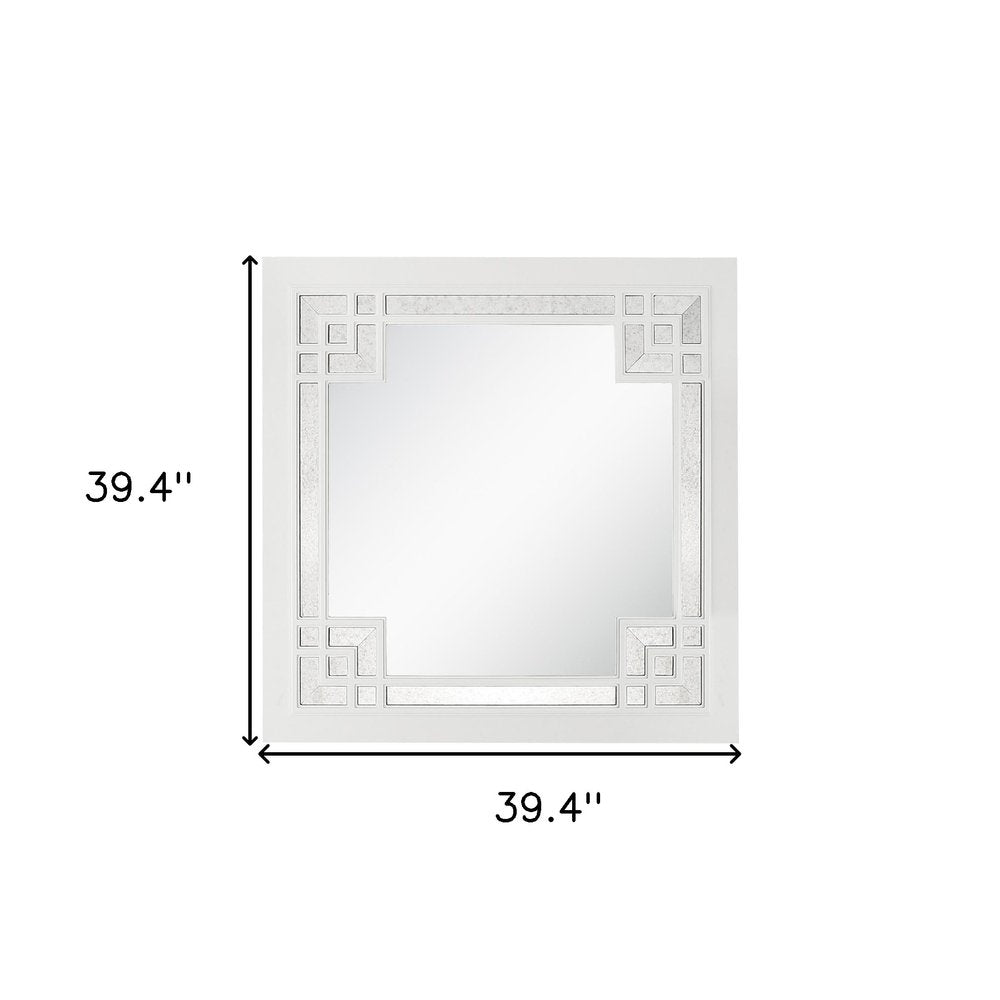 39" White Square Accent Wood Mirror