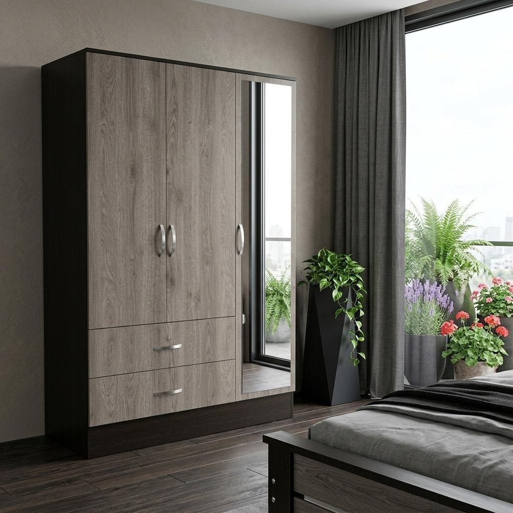 71" Brown And Black Wood Mirrored Three Door Two Drawer Combo Dresser