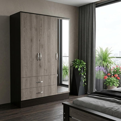 71" Brown And Black Wood Mirrored Three Door Two Drawer Combo Dresser