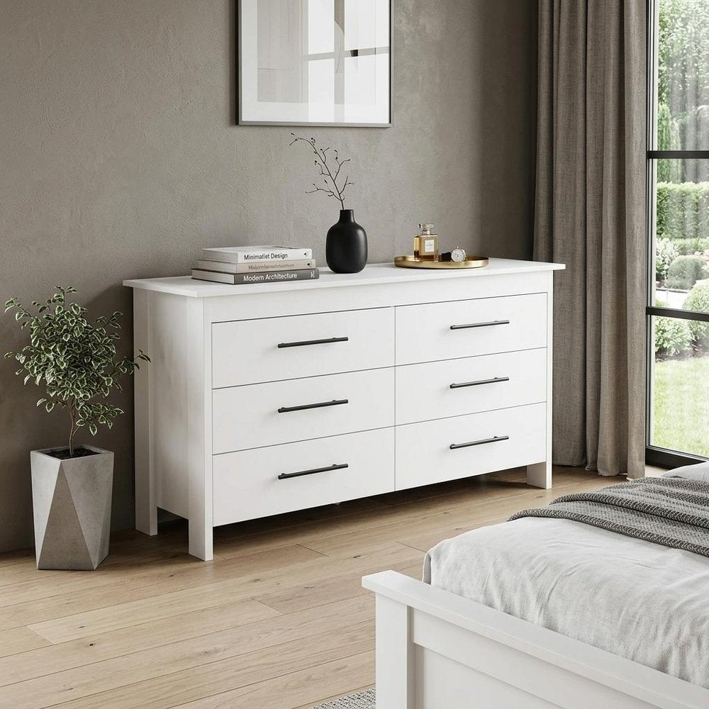 59" White Wood Six Drawer Double Dresser