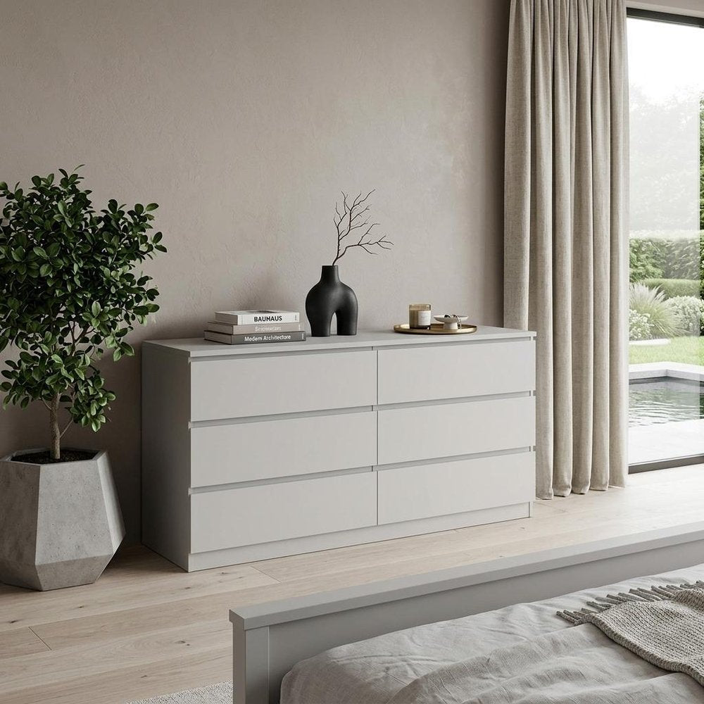 60" White Wood Six Drawer Double Dresser