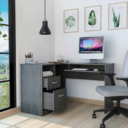 47" Gray L Shape Computer Desk With Two Drawers