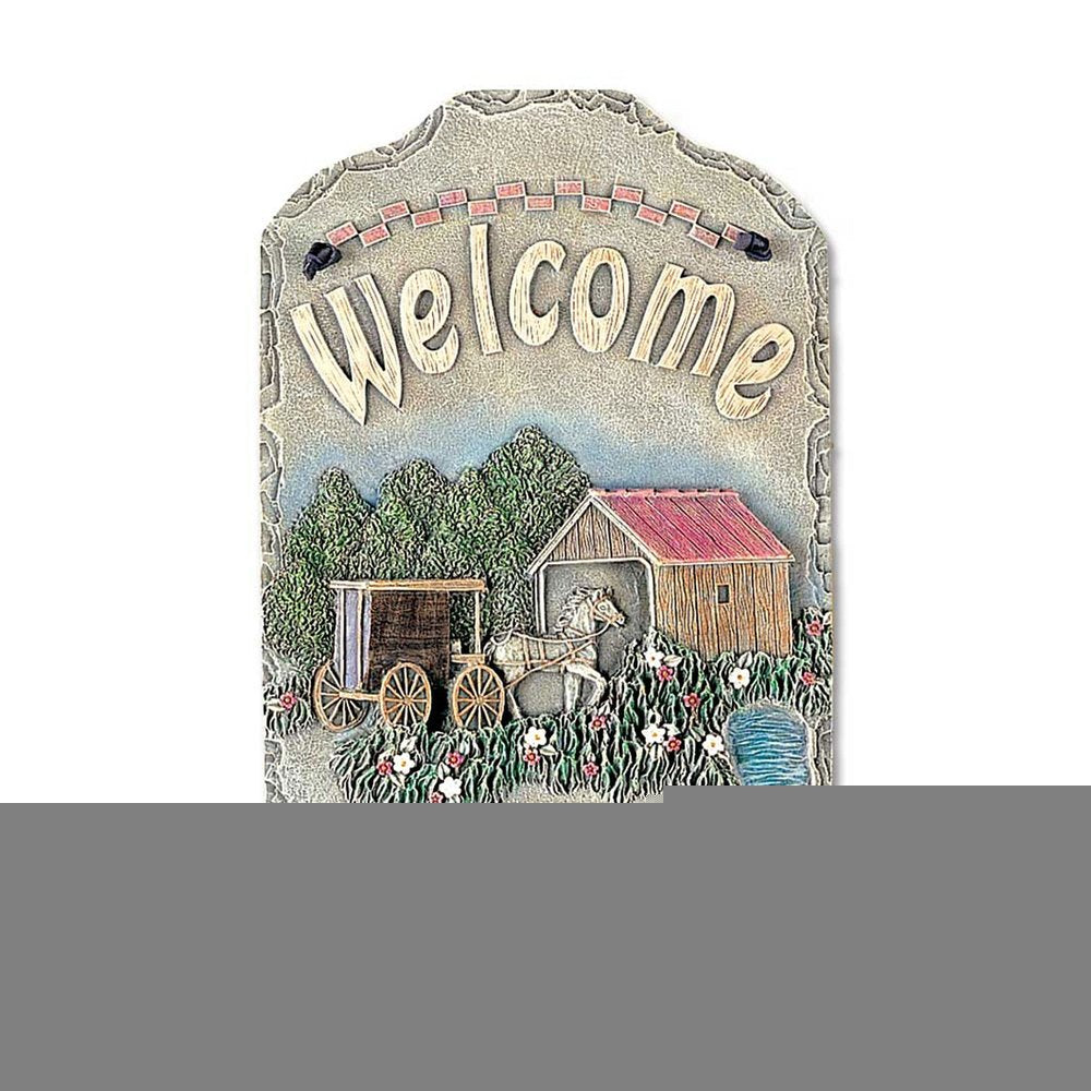 13" X 8" Gray Cream And Green Resin Horse Welcome Sign Wall Decor