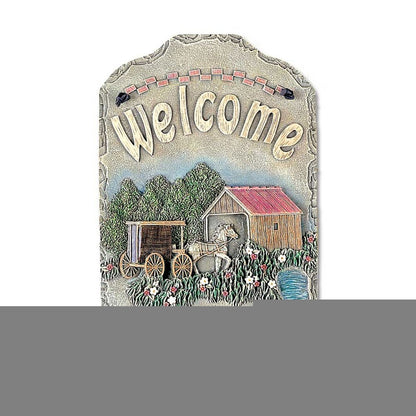 13" X 8" Gray Cream And Green Resin Horse Welcome Sign Wall Decor