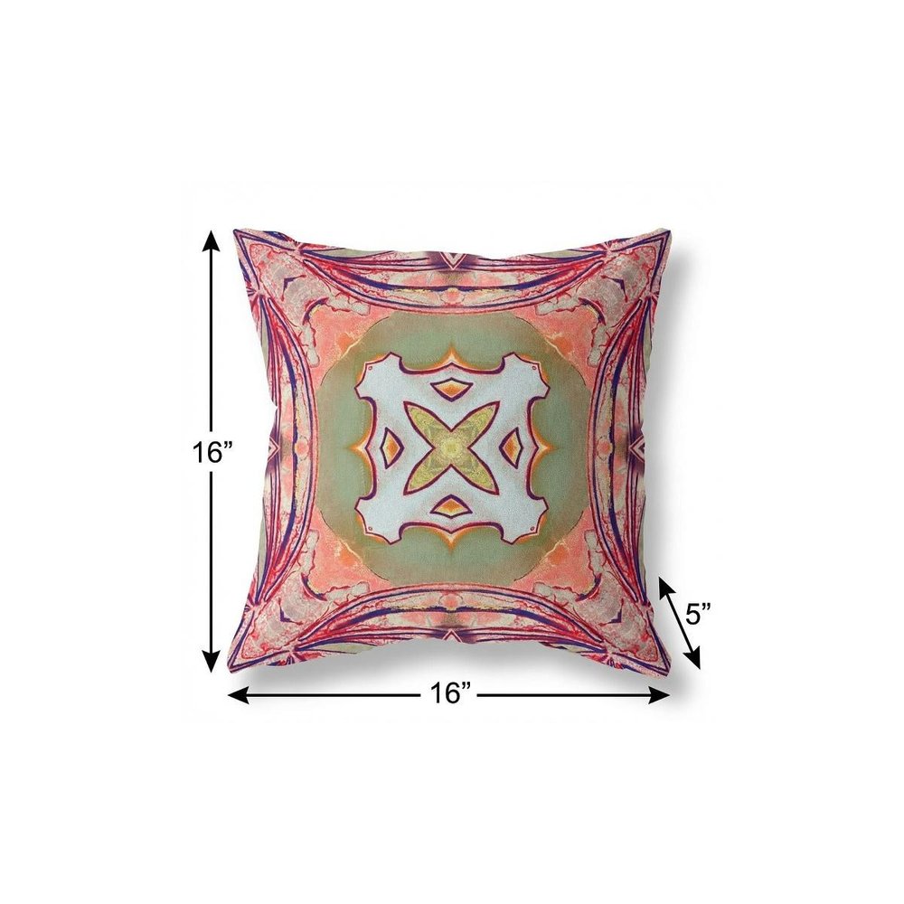 16” Magenta Green Geo Tribal Indoor Outdoor Throw Pillow