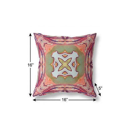 16” Magenta Green Geo Tribal Indoor Outdoor Throw Pillow
