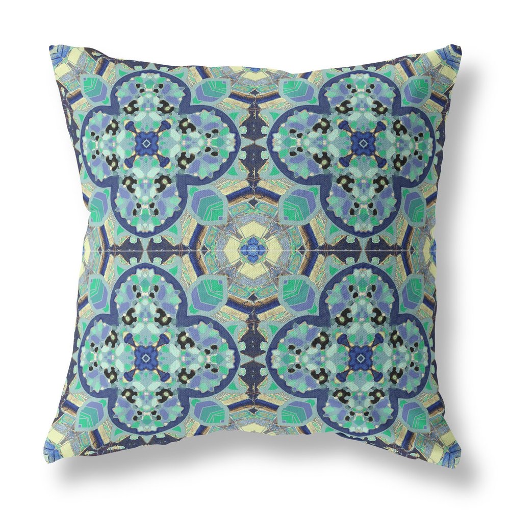16" X 16" Aqua Geometric Indoor Outdoor Throw Pillow