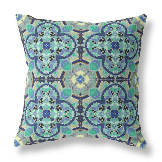 16" X 16" Aqua Geometric Indoor Outdoor Throw Pillow