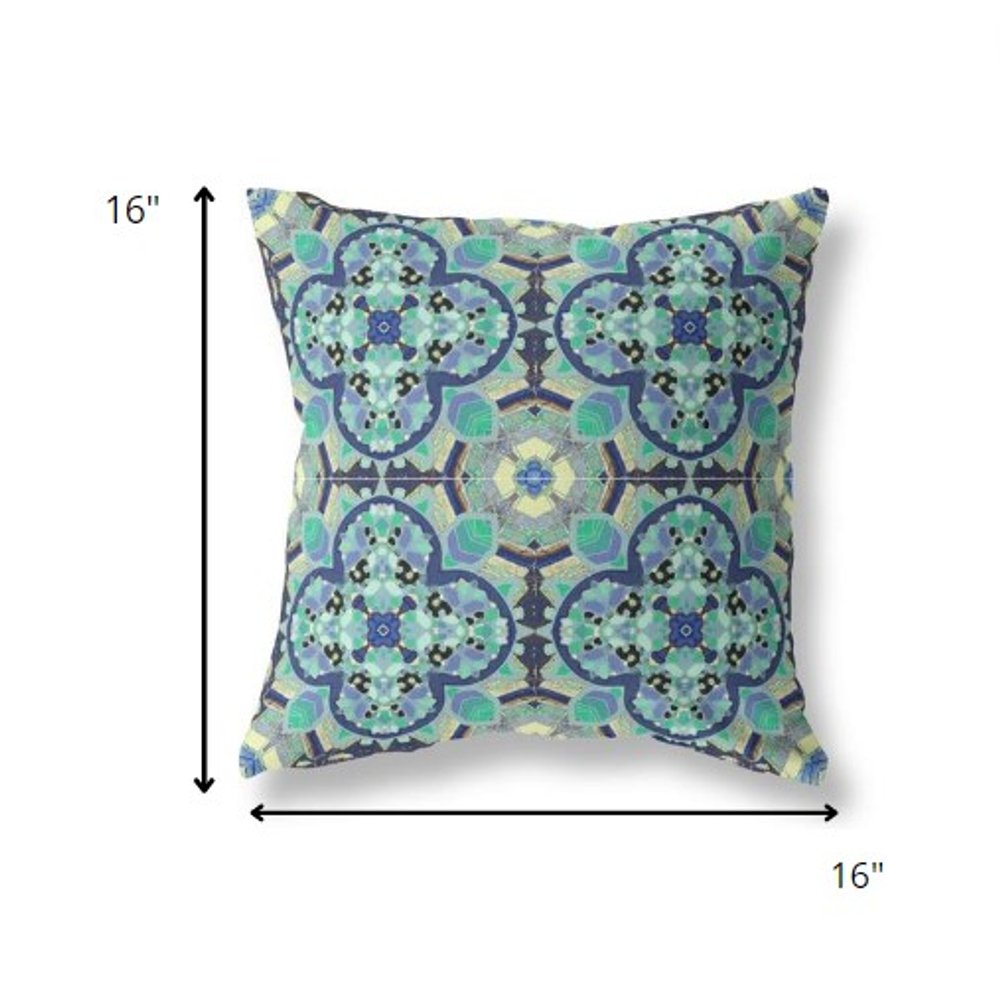16" X 16" Aqua Geometric Indoor Outdoor Throw Pillow