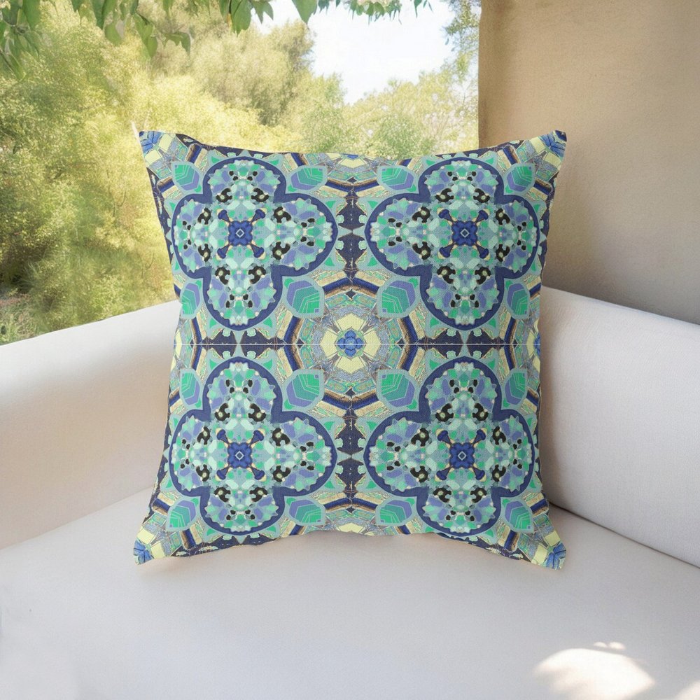 16" X 16" Aqua Geometric Indoor Outdoor Throw Pillow