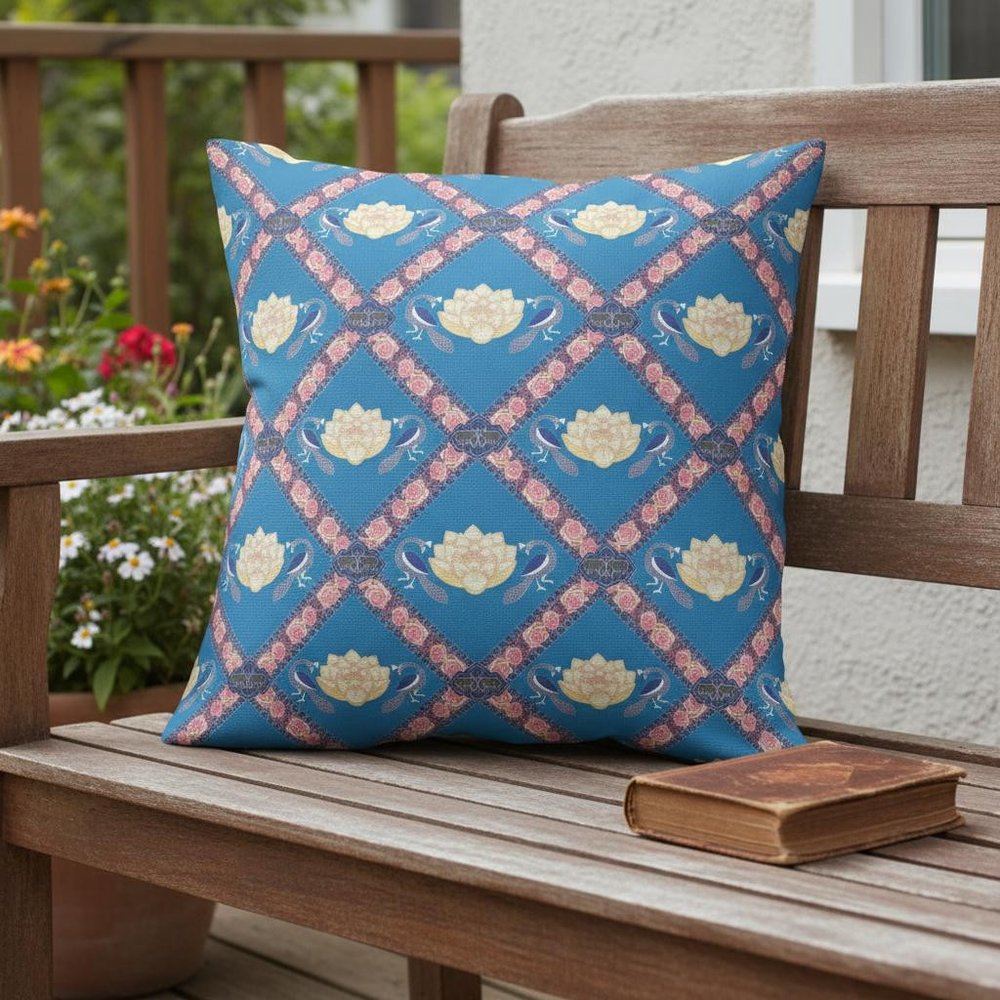 20" X 20" Blue And Pink Blown Seam Geometric Indoor Outdoor Throw Pillow